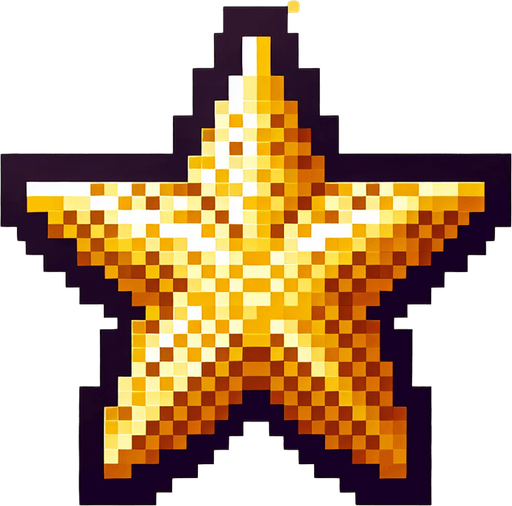 Golden star. Dot picture. Single Game Texture. In-Game asset. 2d. Blank background. High contrast. No shadows.