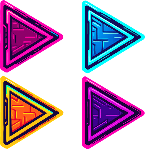 Setting buttons shapes as Triangle pointing to the right. HD colors. cyberpunk. Abstract. Different colors.
In-Game asset.  2d.  High contrast.  No shadows