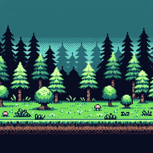 8 bit forrest.
Single Game Texture. In-Game asset. 2d. Blank background. High contrast. No shadows.