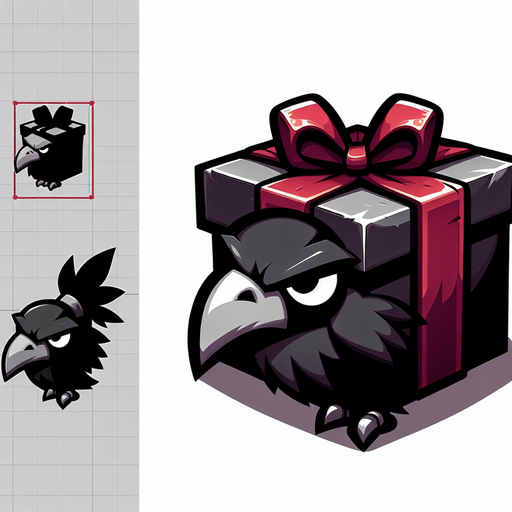 Cartoon of a christmas present, evil raven style, side view Single Game Texture. In-Game asset. 2d. Blank background. High contrast. No shadows.