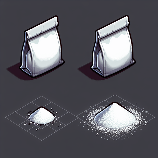 A bag of white sugar, open and with a pile of the sugar in front of it..
Single Game Texture. In-Game asset. 2d. Blank background. High contrast. No shadows.