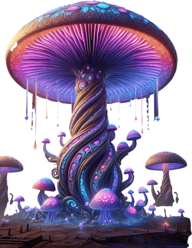Standing proudly in the mystical, otherworldly terrain is the Enchanted Glowing Psychedelic Mushroom Obstacle, a breathtaking marvel that both enthralls and challenges those who encounter it. This colossal mushroom radiates a mesmerizing array of vivid, shifting colors, bathing its surroundings in a surreal, luminescent glow. The cap of the mushroom is adorned with intricate, swirling patterns that pulsate rhythmically, creating a hypnotic dance of light and shadow.

Its stalk, tall and sturdy, is covered in delicate, bioluminescent tendrils that sway gently, as if moved by an unseen breeze. These tendrils emit a soothing hum, resonating with an enchanting melody that captivates the senses. The air around the mushroom is filled with a faint, sweet fragrance, mingling with the soft, ethereal glow to create an atmosphere of wonder and magic.

As an obstacle, the Enchanted Glowing Psychedelic Mushroom presents a unique challenge: its radiant beauty is both a beacon and a barrier. Adventur.
Single Game Texture. In-Game asset. 2d. Blank background. High contrast. No shadows.