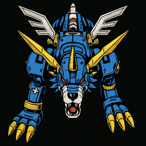 Metalgarurumon, visto desde arriba, detalles muy épicos.
In-Game asset.  2d.  High contrast.  No shadows