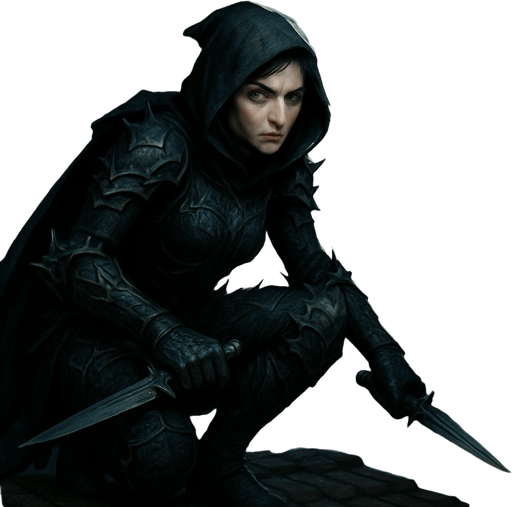 A fierce assassin in obsidian armor and a hooded cloak, crouched on a rooftop under the moonlight. Female, 33 years old, lean and deadly, short jet-black hair, piercing ice-blue eyes, pale porcelain skin. Her armor is adorned with thorn motifs. A poisoned dagger in each hand. Background shows a quiet castle town below. Realistic, highly detailed, stealthy night-time mood. reaalistic.
In-Game asset.  2d.  High contrast.  No shadows