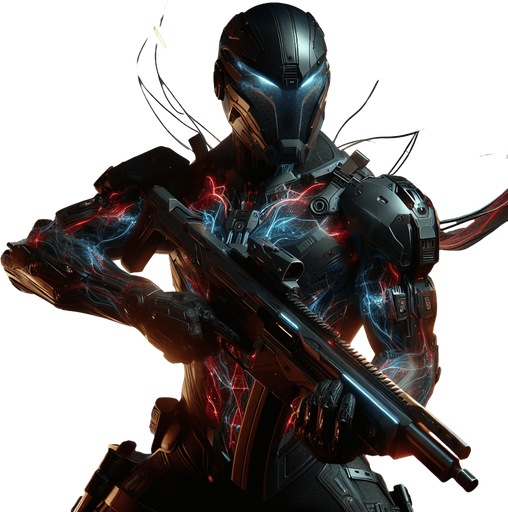 Create an image of a dynamic, powerful hero in a futuristic, action-packed setting. The hero is wearing a sleek, dark armored suit with metallic accents that reflect light. The suit features high-tech elements, such as glowing blue and red energy lines running across the chest and limbs, and advanced weaponry mounted on the arms. The hero’s face is partially visible behind a helmet with a visor, showing intense determination. They stand confidently in a battle-ready pose, with a backdrop of a city in ruins, engulfed in smoke and flames. In the hero's hand, there’s a futuristic gun that looks like a high-powered sniper rifle, glowing with energy. The atmosphere is tense, with sparks flying around as if from recent explosions.".
Single Game Texture. In-Game asset. 2d. Blank background. High contrast. No shadows.