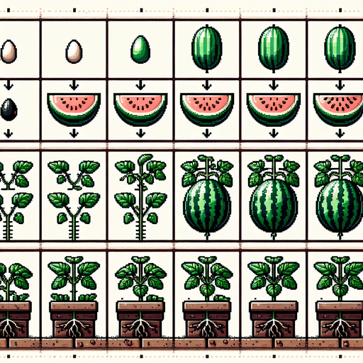 A spritesheet showing a watermelon plant in various stages of germantion, from seed over sapling and to full grown plant, and then the ripe watemelon. The sprites should be laid out in a rectangular grid with blank space between them.. Single Game Texture. In-Game asset. 2d. Blank background. High contrast. No shadows..
Single Game Texture. In-Game asset. 2d. Blank background. High contrast. No shadows.