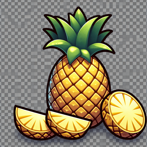 A pineapple with a few slices of pineapple in front.
Single Game Texture. In-Game asset. 2d. Blank background. High contrast. No shadows.