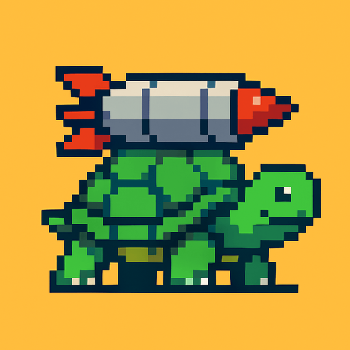 a turtle having a misile on her shell, pixelart.
In-Game asset.  2d.  High contrast.  No shadows