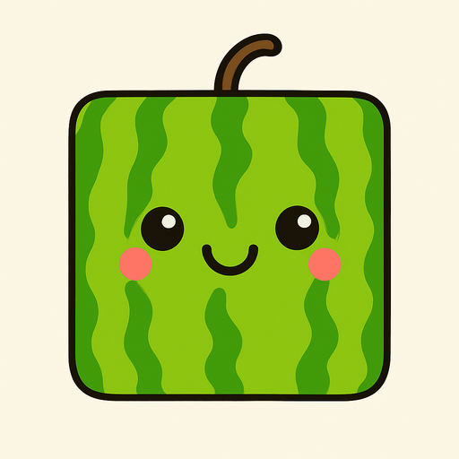 Perfectly square bright green waterlemon with cute happyy face. Cartoon style. Cute art style. Simple vector style. No Shadows