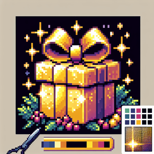 Pixel art of a golden christmas present. Single Game Texture. In-Game asset. 2d. Blank background. High contrast. No shadows.