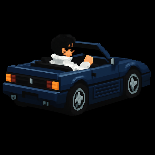 The hair color of the driver is black and he wears a futuristic white jacket. The car is dark blue