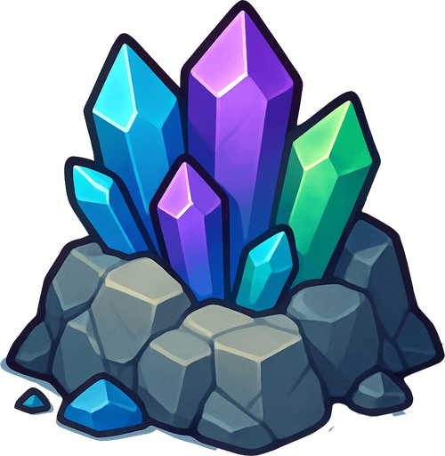 Crea un nodo de recurso de Mina de Cristales en un estilo 2D renderizado, limpio y cartoonish, con contornos claros y definidos, colores vibrantes con transiciones suaves, y sombreado que dé volumen. Debe ser fácilmente reconocible como una fuente de cristales (gemas).

Estructura Principal: Un afloramiento rocoso con cristales brillantes incrustados. Los cristales pueden ser de varios colores (azul, morado, verde) y de diferentes tamaños, con un brillo sutil.

Rocas: Las rocas circundantes pueden tener una textura diferente a la mina de oro, quizás más angulares o con colores más fríos.

Formación: Los cristales deben estar agrupados en formaciones geológicas naturales, y puede haber pequeños fragmentos de cristal esparcidos alrededor.

Dimensiones Sugeridas: Similar a la mina de oro (64x64 o 96x96 píxeles)..
In-Game asset.  2d.  High contrast.  No shadows