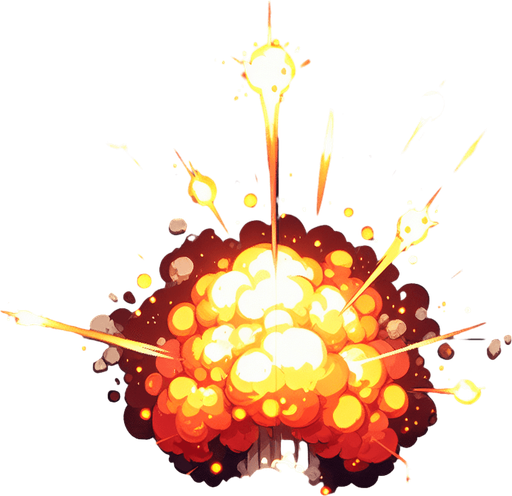 Initial Impact:

Start with a bright flash of light (yellow or white) at the point of collision to indicate the impact.
Explosion Burst:

Create a series of expanding fireballs with glowing orange, red, and yellow hues.
Add smoke trails or debris flying outward from the center of the explosion.
Animation Details:

Make the explosion dynamic, starting with a fast expansion and then slowly fading out.
Include flickering or sparking effects for added realism.
Duration:

The entire animation should last around 0.5–1 second to ensure it feels impactful but doesn't interrupt gameplay flow.
Style:

Match the art style of the game, whether it's realistic, cartoonish, or pixelated, to ensure consistency..
Single Game Texture. In-Game asset. 2d. Blank background. High contrast. No shadows.
