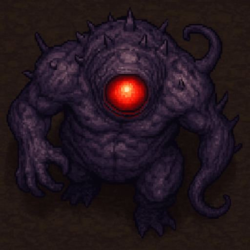 “Top-down 2D pixel art of a massive purple monster with a single glowing red eye. The creature has a deformed, muscular body, rough light purple skin with spikes or scales, and a monstrous, intimidating stance. Its eye is large and central, glowing intensely with a sinister aura. Clawed hands or tentacles may be emerging from its body. Designed as a high-quality game sprite for a dark fantasy or horror-themed pixel art game.”