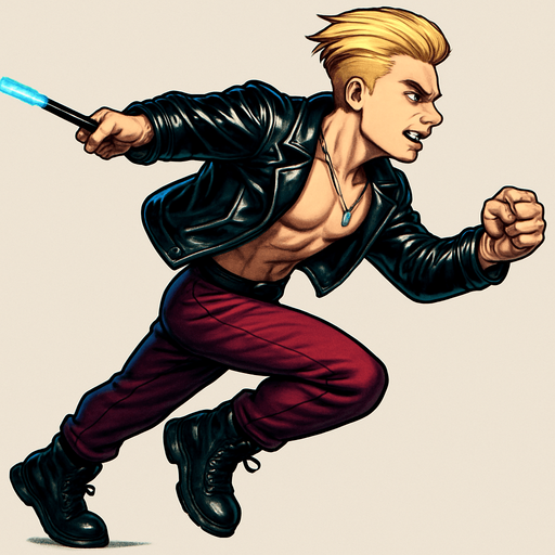 Arm positions & leg positions switched, reversed, Cyberpunk manga, side profile view running animation frames, shiny black leather biker jacket longsleeves shirtless thin abs pecs necklaces gemstone tipped wand, action shot wand pointed straight in front arm extended wand casting spell fierce fashion pose animation blonde undercut pompadour, vampire fangs, wine red joggers, combat boots, Background removed, "Full-body character, entirely in frame, no cropping of face, head, or feet" "Complete character visible, from head to toe, fully centered in the image" "Entire character, including face and boots, fully within the frame" Character fully contained within a square frame, no edges cut off,
