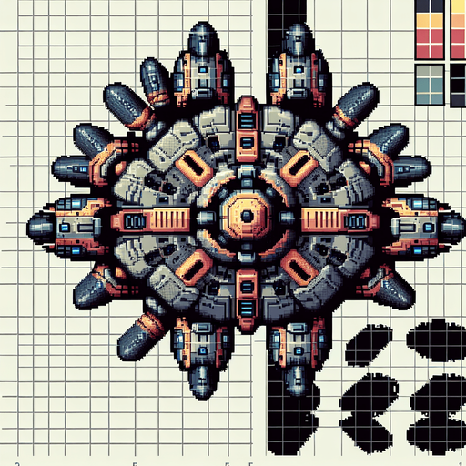 65604d9e9017209915d71b35: Top down shooter, alien space craft enemy craft, retro pixel art 
Single Game Texture. In-Game asset. 2d. Blank background. High contrast. No shadows.