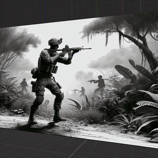 jungle soldier stand shoot the target right direction.
Single Game Texture.  In-Game asset.  2d.  Blank background.  High contrast.  No shadows
