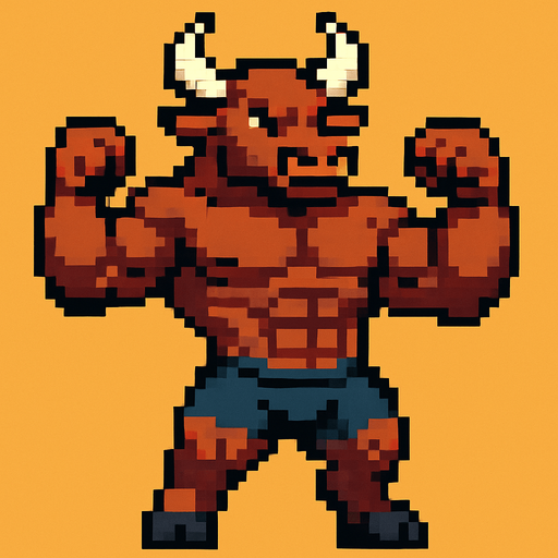Toro furry fuerte sin camisa pixelado.
In-Game asset.  2d.  High contrast.  No shadows