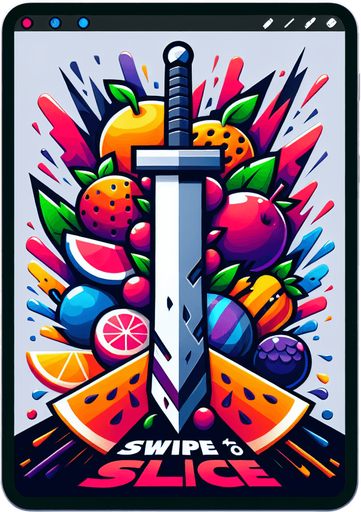 game icon for a video game called fruit slash, show an fruits cutting with sword symbols in the fore ground show the name of the game  "Swipe to Slice "big in the center with the fruits underneath.
Single Game Texture.  In-Game asset.  2d.  Blank background.  High contrast.  No shadows