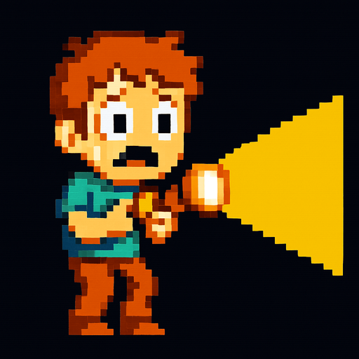 a scared pixel art kid with a flashlight.
In-Game asset.  High contrast.  No shadows