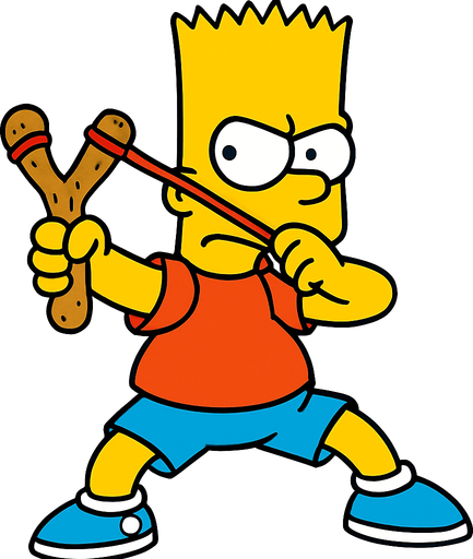 Bart holding a light brown slingshot shaped like a peanut. Make him be in a fighting stance 
In-Game asset.  2d.  High contrast.  No shadows