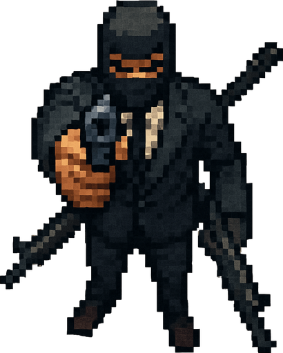 sicario vestido de negro hecho con pixeles y con armas con perspectiva desde arriba visto de frente apuntando con un arma