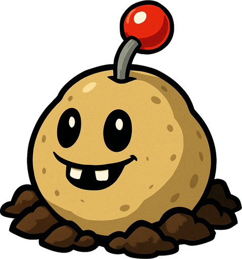 La imagen muestra a una planta del videojuego "Plants vs. Zombies". Es una "Potato Mine" (Papa Mina), un tipo de planta explosiva.

Características de la imagen:

Forma: Tiene una forma redondeada y abultada, como la de una patata, que sobresale del suelo.

Color: Es de color beige o marrón claro.

Textura: Parece tener una superficie algo irregular, sugiriendo la textura de una patata o tierra.

Cara: Posee dos ojos grandes y negros, de forma ovalada, y una pequeña boca sonriente con dos dientes frontales visibles. Esto le da una expresión amigable.

Elemento superior: De la parte superior de la "patata" emerge un tallo gris delgado que sostiene una esfera roja brillante con un pequeño punto blanco en el centro. Esta esfera se asemeja al detonador de una mina o a una palanca de encendido.

Base: Está rodeada por terrones de tierra o rocas pequeñas de color marrón oscuro, dando la impresión de que acaba de brotar del suelo o está parcialmente enterrada..
In-Game asset.  2d.  High contrast.  No shadows