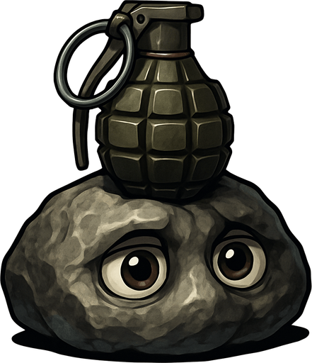 una piedra con ojos muy realista con una granada encima.
In-Game asset.  2d.  High contrast.  No shadows