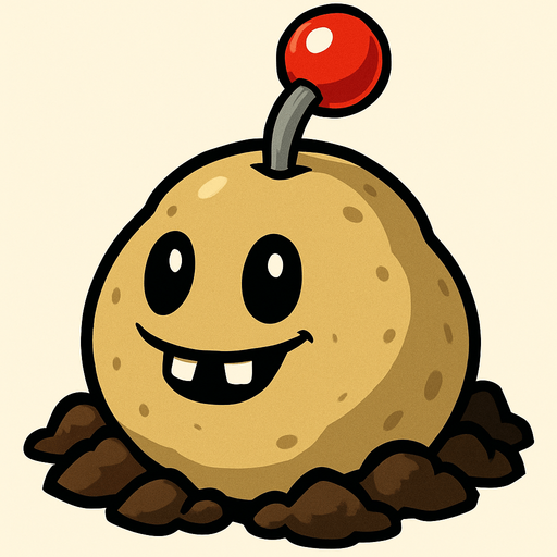 La imagen muestra a una planta del videojuego "Plants vs. Zombies". Es una "Potato Mine" (Papa Mina), un tipo de planta explosiva.

Características de la imagen:

Forma: Tiene una forma redondeada y abultada, como la de una patata, que sobresale del suelo.

Color: Es de color beige o marrón claro.

Textura: Parece tener una superficie algo irregular, sugiriendo la textura de una patata o tierra.

Cara: Posee dos ojos grandes y negros, de forma ovalada, y una pequeña boca sonriente con dos dientes frontales visibles. Esto le da una expresión amigable.

Elemento superior: De la parte superior de la "patata" emerge un tallo gris delgado que sostiene una esfera roja brillante con un pequeño punto blanco en el centro. Esta esfera se asemeja al detonador de una mina o a una palanca de encendido.

Base: Está rodeada por terrones de tierra o rocas pequeñas de color marrón oscuro, dando la impresión de que acaba de brotar del suelo o está parcialmente enterrada..
In-Game asset.  2d.  High contrast.  No shadows