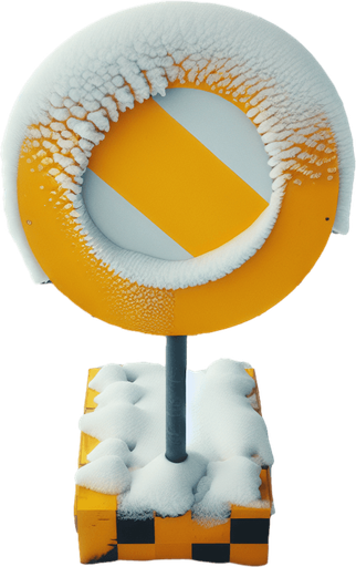 Photorealistic Yellow Checkpoint rally roadsignal covered by snow, drone view.