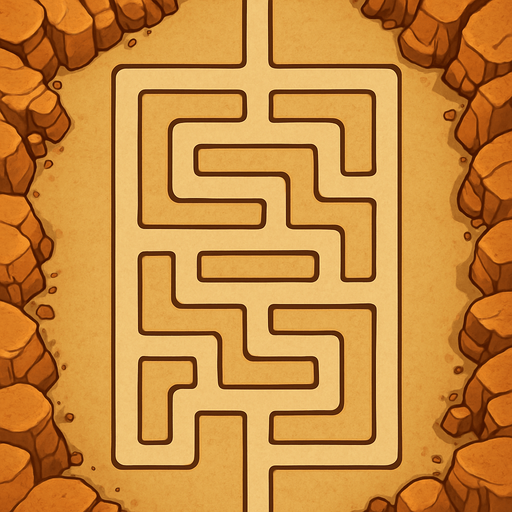 Top-down map asset for a TD game. Imagine a single, contiguous ribbon laid across a canyon floor; this ribbon is the path. It is a unicursal maze, meaning it's a single, non-branching route that twists through the map in a complex, grid-like pattern. The path has absolutely no junctions or alternative routes. The path starts at the top-middle edge and the very same path ends at the bottom-middle edge. The path is flanked by wide, flat, sandy plateaus that are completely barren for building. The map is framed by large, decorative sandstone formations pushed to the far edges, which do not intrude on the central play area. Semi-realistic style. --no towers, no buildings, no characters, no junctions.
In-Game asset.  2d.  High contrast.  No shadows