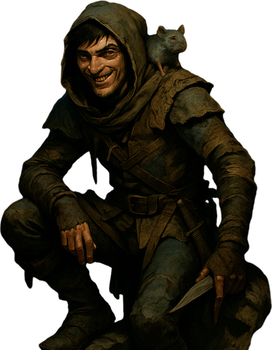"A cunning rogue cloaked in patchwork leathers and city grime, perched on a broken statue. Male, 26 years old, wiry and agile, with messy black hair, sly green eyes, a scar over his nose, and olive-toned skin. A rat sits on his shoulder. Dual daggers at his side, a grin revealing a gold tooth. The background is a shadowy alley lit by torchlight. Realistic, highly detailed, dark urban medieval style. realistic.
In-Game asset.  2d.  High contrast.  No shadows