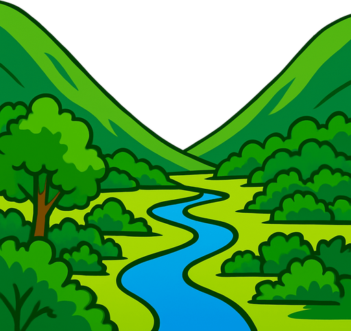 ünlü xp arkaplanı resmi gibi vadi arkapalnı ama ağçlar, çalılar ve nehir olsun 2d 2000x2200 boyutlarında.
In-Game asset.  2d.  High contrast.  No shadows