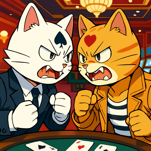 A 2:3 ratio rectangular picture that shows two card playing cats in a casino very close face to face with teeth bared and fists clenched as if they’re about to fight. Each cat has a different card suit pattern on the fur of their forehead. One is wearing a suit and the other is wearing tan leather jacket with a striped tank top underneath. Anime style..
In-Game asset.  2d.  High contrast.  No shadows