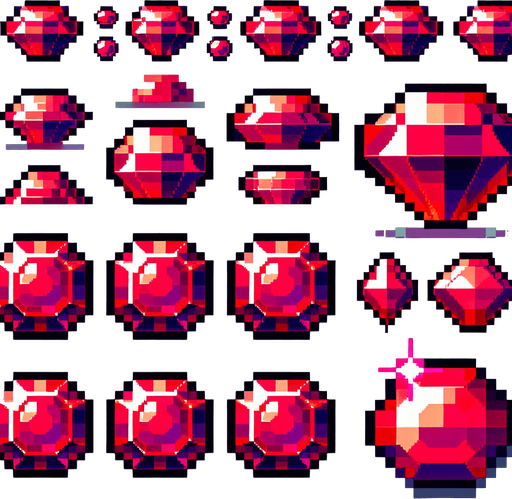 sprite sheet of a rotating vibrant shiny red blood ruby. the jewels should be neatly organized. pixelated. 8-bit.
Single Game Texture. In-Game asset. 2d. Blank background. High contrast. No shadows.