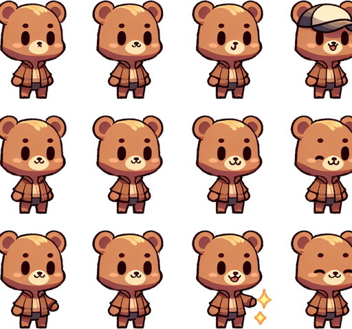 A spritesheet with a number of poses of a cartoonish bear cub with a sunshade, smiling, walking, waiting, standing, ordering, turning, etc. all seen from the side.The spritesheet should be laid out in a rectangular grid with clear space between each individual sprite. Each sprite in the sheet should be around 300x600 pixels in size..
Single Game Texture. In-Game asset. 2d. Blank background. High contrast. No shadows.