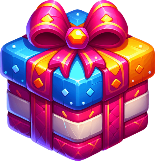 gift wrapped box, vivid colours. with bow on top Single Game Texture. In-Game asset. 2d. Blank background. High contrast. No shadows. Single Game Texture. In-Game asset. 2d. Blank background. High contrast. No shadows. Single Game Texture. In-Game asset. 2d. Blank background. High contrast. No shadows.