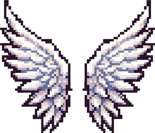 An icon of white wings. Pixel art..
Single Game Texture.  In-Game asset.  2d.  Blank background.  High contrast.  No shadows