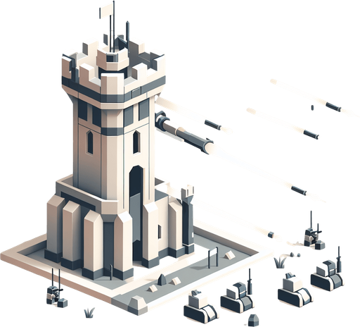 A tower shooting at enemy in a modern style Single Game Texture. In-Game asset. 2d. Blank background. High contrast. No shadows.