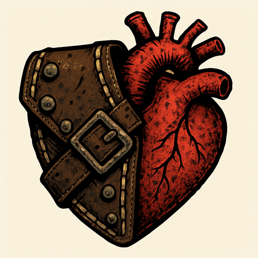 The hearts will be in a slightly old Mad Max style look and half will be inside the leather case.
In-Game asset.  2d.  High contrast.  No shadows