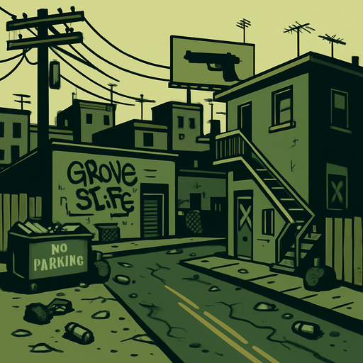 Gangside ghetto Neighbourhood.
In-Game asset.  2d.  High contrast.  No shadows
