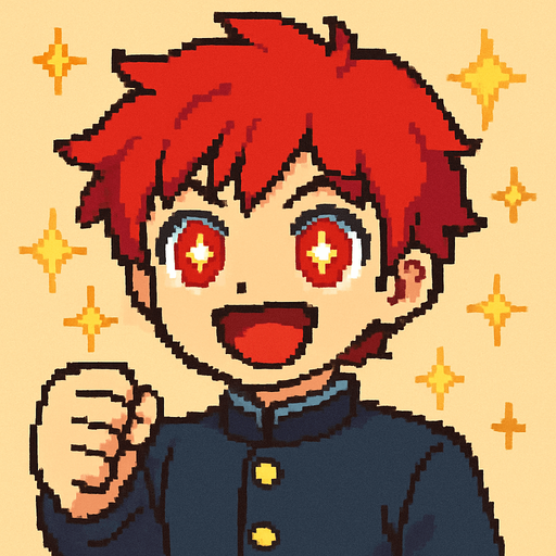 A kawaii anime boy with intense red eyes, each containing shining stars. He raises his fist forward with determination, wearing a wide, open smile full of enthusiasm. Sparkles and glimmers float around him, symbolizing hope. The entire scene is rendered in Pixel Art style.