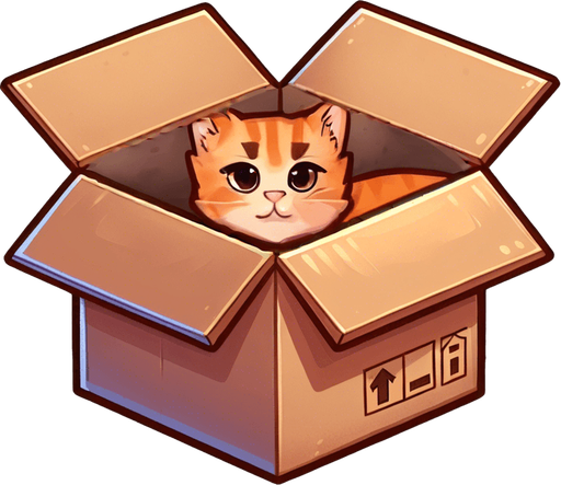 cute Chibi ginger cat look from the box into the camera. Cheeky, happy. Dark Brown eyes