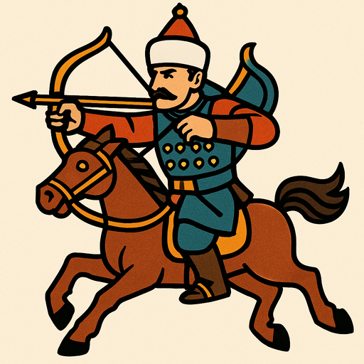A soldier from the Ottoman period using a bow and arrow on a horse.
In-Game asset.  2d.  High contrast.  No shadows