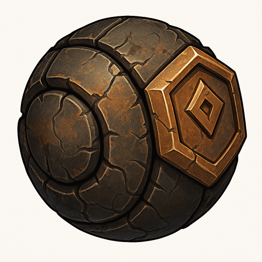 A single, isolated, highly detailed top-down isometric game asset of a Rolling Golem. It is a large, heavily armored construct, predominantly spherical or cylindrical in shape, designed for rolling. Its body is made of weathered stone or rusted metal plating, with visible cracks or joints. It should have a clear, implied 'front' side oriented towards the right of the image, with perhaps larger plating or a more distinct feature (like a simple, static crest or emblem) on this leading side to emphasize direction. No limbs or articulated parts. The entire body suggests immense weight and slow, deliberate movement. Style: Stylized, sturdy fantasy or arcane-industrial, suitable for a Tower Defense game. Transparent background..
In-Game asset.  2d.  High contrast.  No shadows