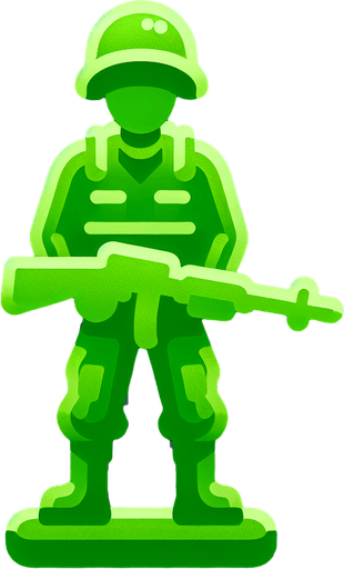 a little green soldier toy standing Single Game Texture. 2d. Transparent background. High contrast. No shadows.
