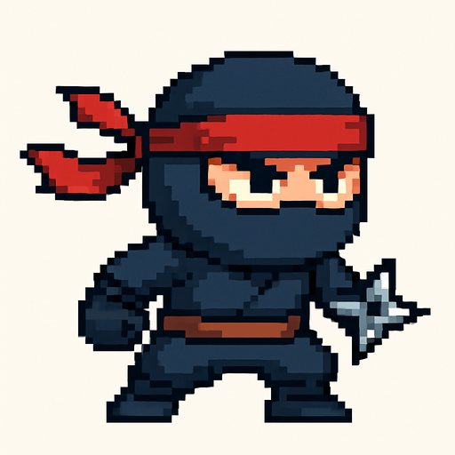 El ninja debe ser un personaje compacto y ágil en estilo pixel art, con un traje negro o azul oscuro que cubra todo su cuerpo excepto los ojos, los cuales deben ser expresivos y ligeramente entrecerrados para mostrar concentración o determinación; puede tener una banda o pañuelo rojo atado en la frente que se extienda hacia atrás con movimiento, y detalles mínimos como cinturón, guantes o pequeñas armas visibles como una estrella ninja al costado; el diseño debe ser simple pero dinámico, con animación sutil de respiración o movimiento de tela, y fondo transparente, ideal para integrarse en un juego de acción o reflejos con estética caricaturesca o retro..
In-Game asset.  2d.  High contrast.  No shadows