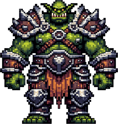 create me a big furious goblin with armor 2d and pixel.
Single Game Texture. In-Game asset. 2d. Blank background. High contrast. No shadows.