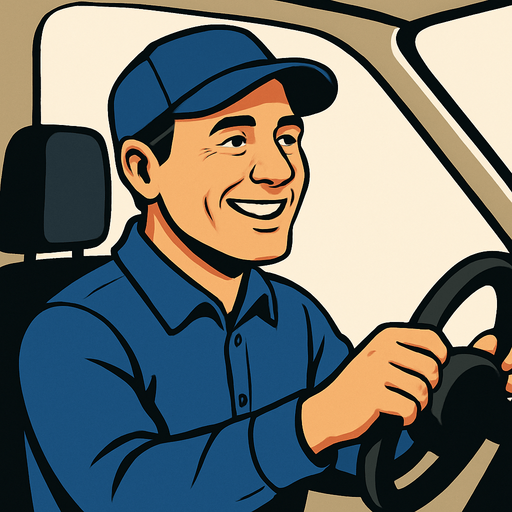Smiling realistic driver. But hə is looking right.
In-Game asset.  2d.  High contrast.  No shadows