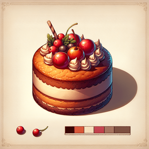 gâteau.
Single Game Texture.  In-Game asset.  2d.  Blank background.  High contrast.  No shadows